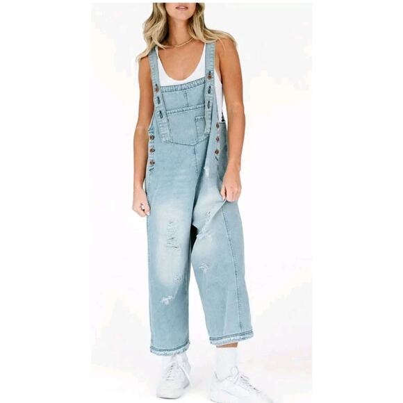 Oversized Distressed Denim Overalls • Women’s M • Boho Festival Wide Leg - Picture 2 of 14